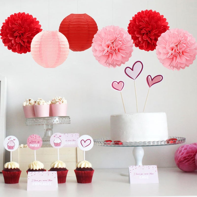 Mprocherify Red Pink Valentines Day Paper Flowers Hearts Honeycomb Lanterns Tissue Pom Poms 15pcs Galentines Party Decorations Anniversary Love Birthday Wedding Baby Shower Hanging Supplies - Image 4